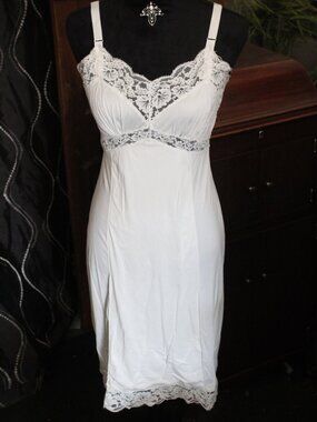 Vintage White Lace Trim Satin Nylon Slip Dress Fairy Coquette Whimsy